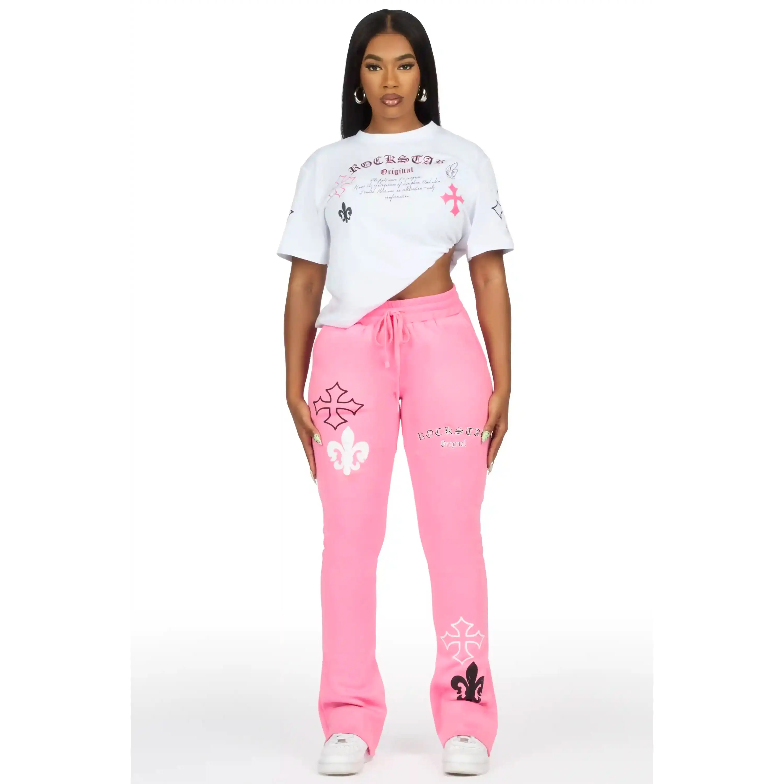 Deshunique White/Pink T-Shirt Stacked Track Set