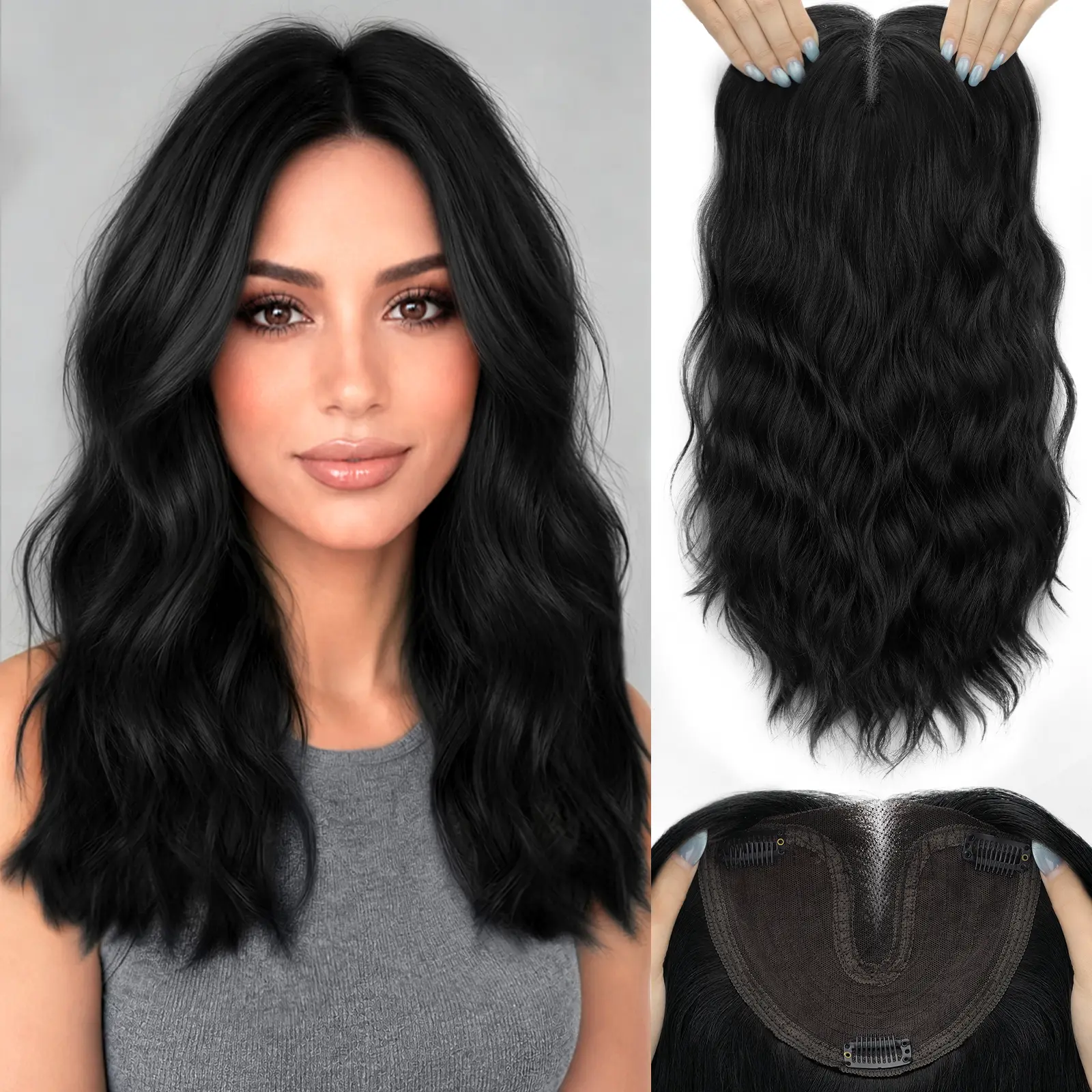 HIUSVO Hair Toppers for Women with Thinning Hair, T Part Lace Synthetic Clip in Topper Hair Extensions with Adjustable Band, 16 Inch Curly Wave Adds Volume and Natural Coverage