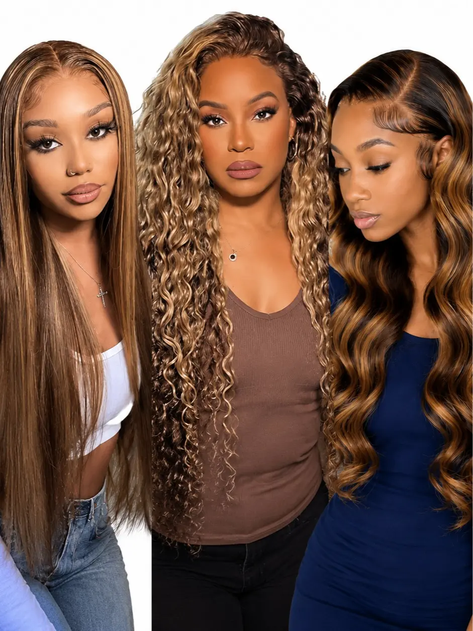 [4/27 Highlight Ombre] 13x4 HD Transparent Lace Front Wig Human Hair, Honey Blonde Deep Wave Glueless Wig, Pre-Plucked Natural Hairline, 180% Density, Soft Bouncy Full Curls
