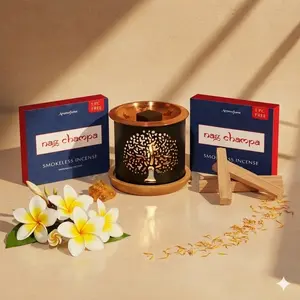 Nag Champa Incense Bricks (2 x 9 Bricks) & Tree of Life Exotic Incense Burner by Aromafume | Made with Sandalwood, Jasmine, Ylang Ylang & Champa Flower | Natural, Smokeless, Non Toxic Bricks