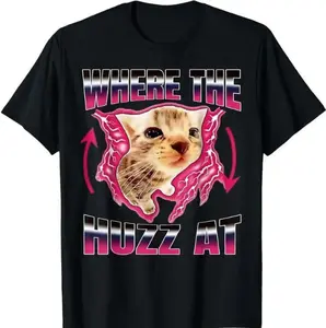 Where The Huzz At Cat Meme T-Shirt, Funny Gen Z Silly Cat Graphic Tee, Viral Huzz Cat Shirt for Men Women, 100% Cotton