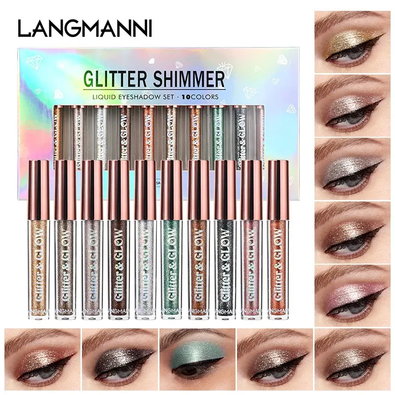 LANGMANNI 10Pcs Liquid Glitter Eyeshadow Set - Long-Lasting Waterproof & Smudge-Proof Shimmer Eye Makeup for All Skin Tones - High Pigment Metallic Glitter Eyeshadow, Crease-Resistant, Blendable Daily Cosmetic