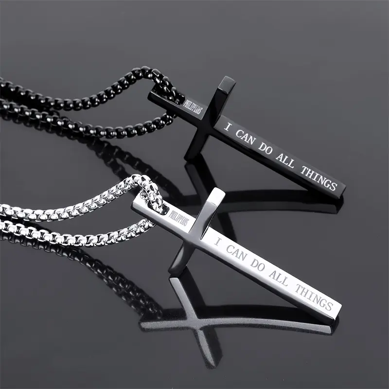 Stainless Steel Medallion Cross Necklace for Boys, Religious Pendant with Engraved "I Can Do All Things" Scripture on a Cuban Link Chain, Cross Necklaces