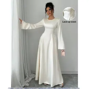 Elegant Apricot A-Line Cinched Waist Flare Sleeve Dress Maxi Satin Women Outfitpeng