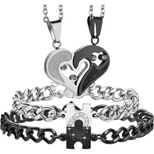 2sets Couples Matching His and Hers Heart Pendant Bracelets Necklaces