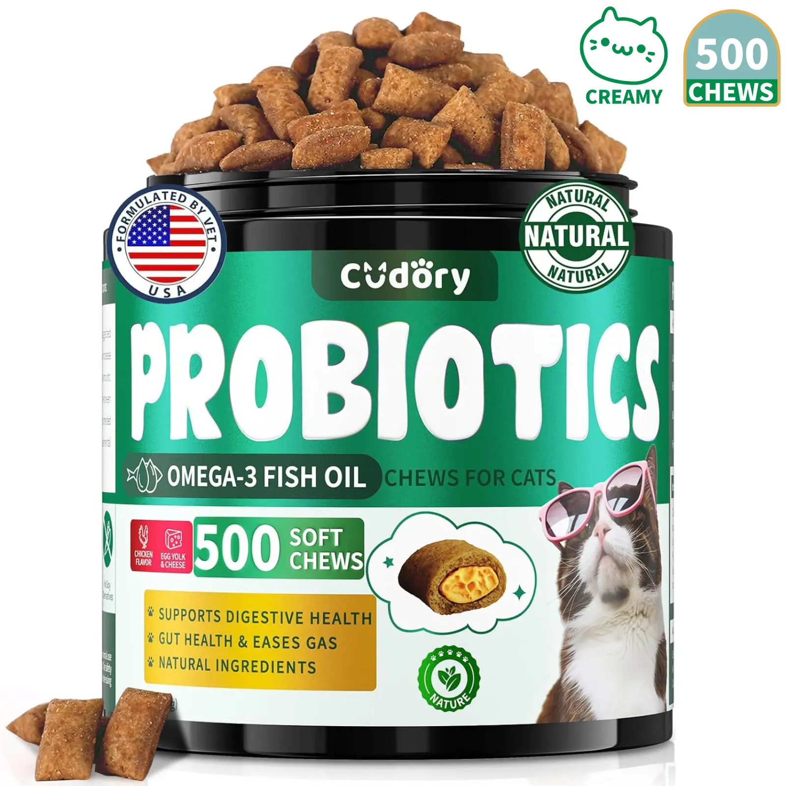 Cudory Cat Probiotics Chews Treats - Chicken Flavored Digestive & Gut Support, Constipation Aid, Dual Texture with Creamy Inside, 500pcs, Gut Balance