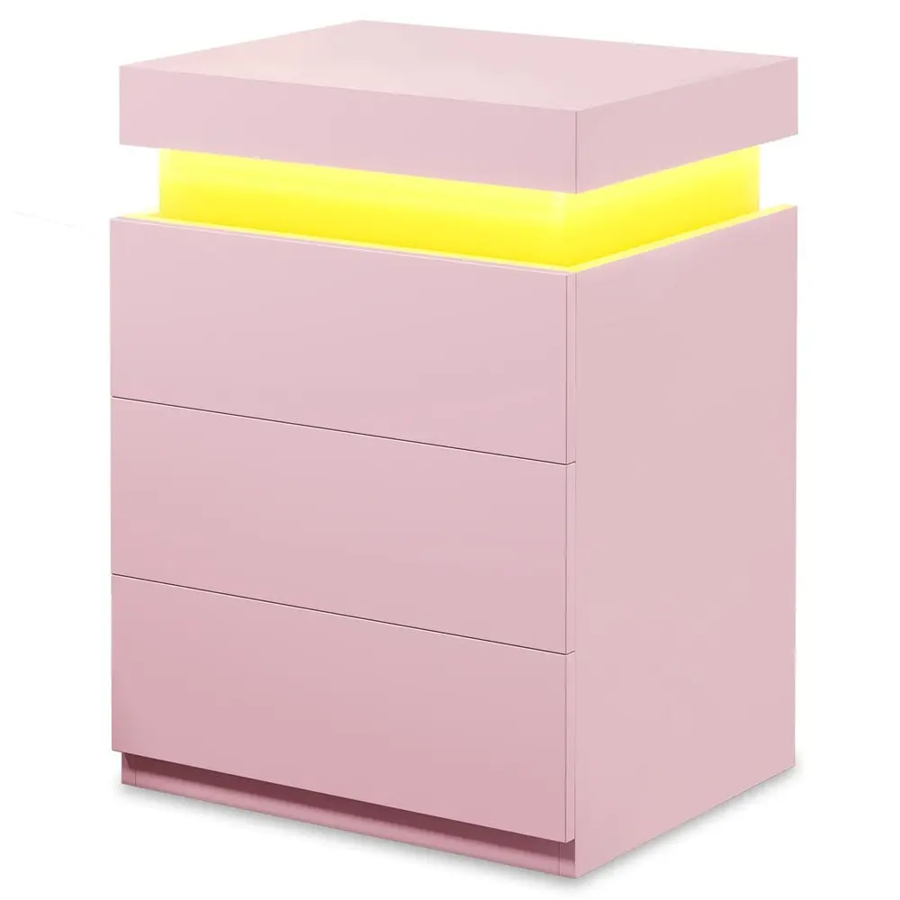 [SummerSale] Sikaic LED Nightstand with Charging Station, Pink Bedside Table with Sliding Top Drawer, 3 Storage Drawers and Modern Design for Bedroom, Home Furniture, Dorm Essentials