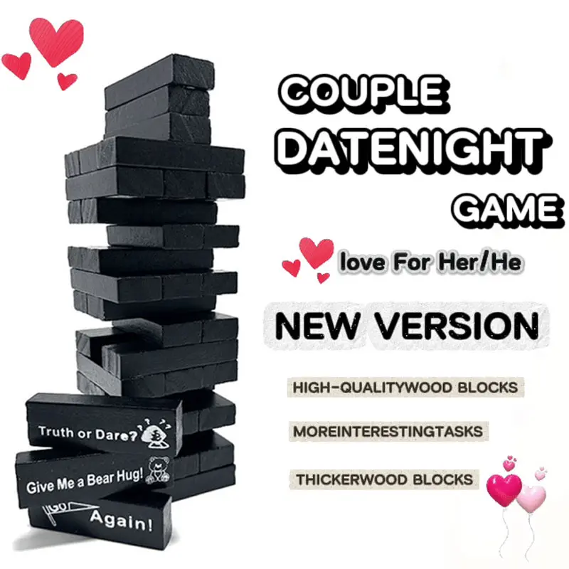 Wooden Block Stacking Tower Game Set - Reusable Festive Party Supply, Home Fun Activity, Toys for Grown Ups, Couple Gift for Adults