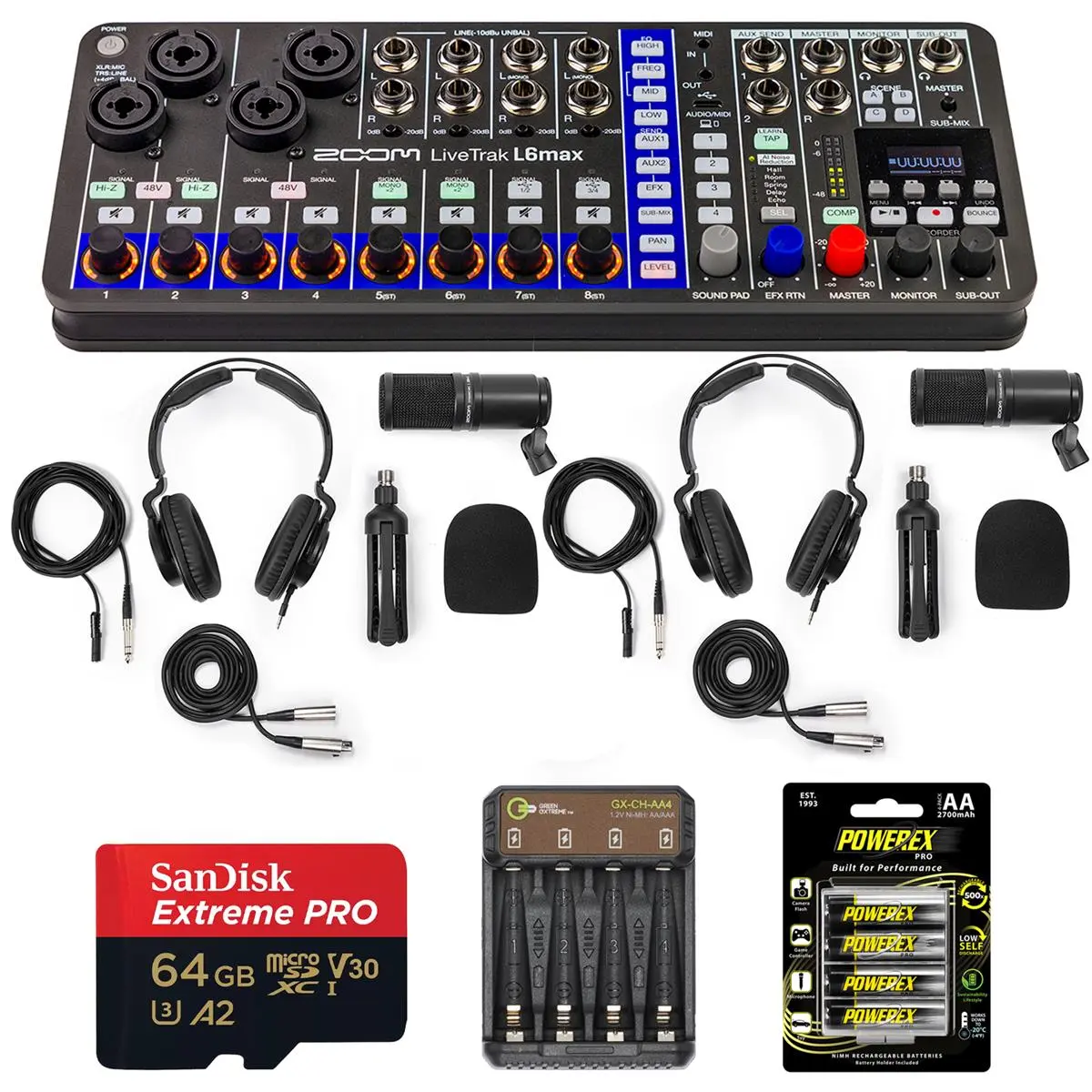 Zoom LiveTrak L6max 12-Channel Portable Digital Audio Mixer and Recorder Bundle - Noise-Reducing Kit with 2 ZDM-1 Podcast Microphones, 64GB Memory Card, 4 AA Ni-MH Batteries, 4-Bay Charger, USB, Android Device Compatibility, Audio Recording Capability