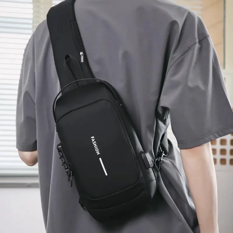 Men's Waterproof Antitheft Chest Bag - Plain, Versatile Bag with Combination Lock, Big Capacity, USB Interface for Outdoors Cycling, Stylish Secure Travel Companion for Modern Bikers, Waterproof Belt Bag, Chic