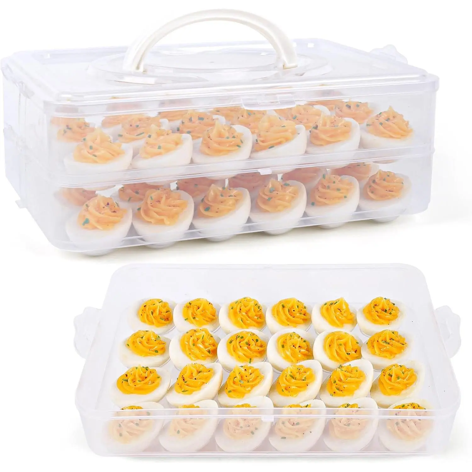 48-Cavity Plastic Stackable Deviled Egg Platter Carrier - 2-Layer, Snap Locks, Lid, Smooth Arc Edges, Durable, Refrigerator Organization, 12 x 8.5 x 4.2 inches, 6.6+ lbs, for Festival Parties, Picnics
