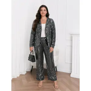 Plus Size Elegant Sequined Suit Set with V-neck, Long Sleeves, Loose Fit for Parties and Banquets