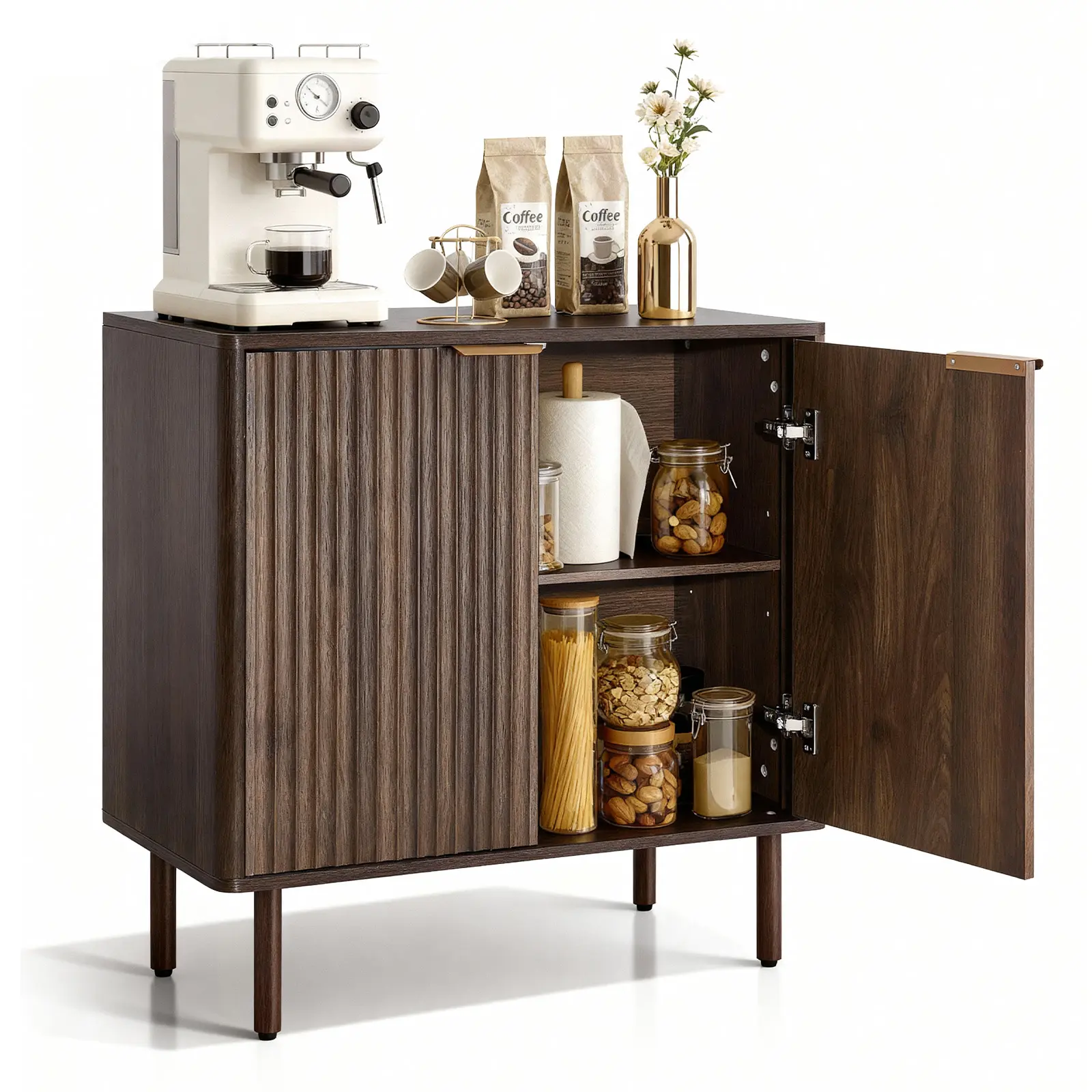 VEVOR Coffee Bar Cabinet, Mid Century Fluted Coffee Bar Table with 2-Tier Storage, Buffet Stand Cabinet with Barn Door, Sideboard Buffet Station for Living Room, Entryway, 31.5 x 14.7 x 31.5 in Walnut