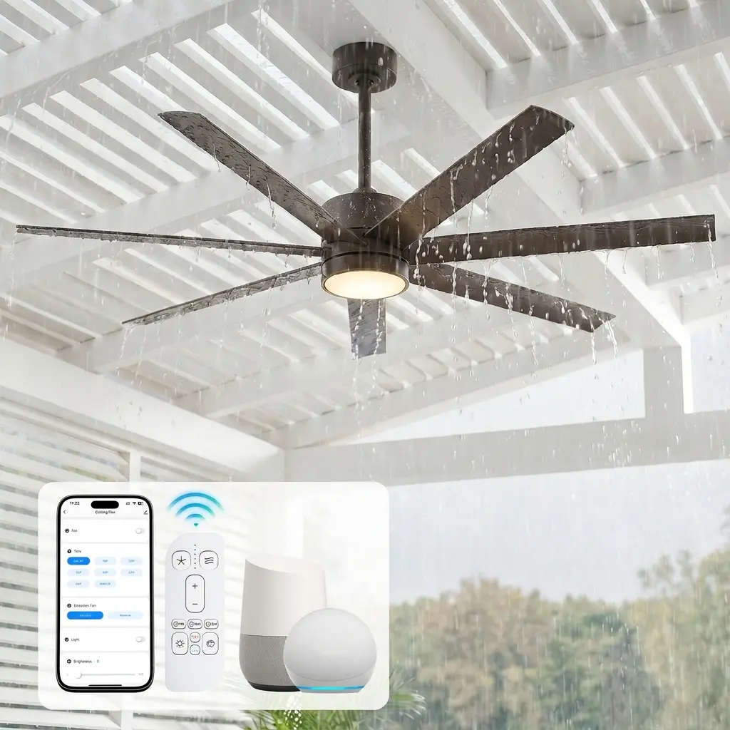 56-Inch Smart Outdoor LED Ceiling Fan with Light, Waterproof Wet-Rated, 7 ABS Reversible Blades, High CFM Large Airflow, Adjustable Height, High Performance Quiet Energy-Efficient DC Motor, Alexa/App/Remote Control for Patio Porch