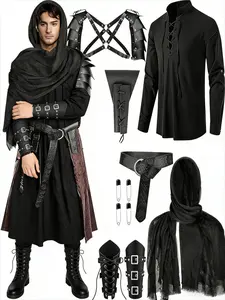 11Pcs New Men's Medieval Pirate Renaissance S-plit Shirt Set Cosplay Props Fancy Dress Uniform Costume Outfit For Costume Party