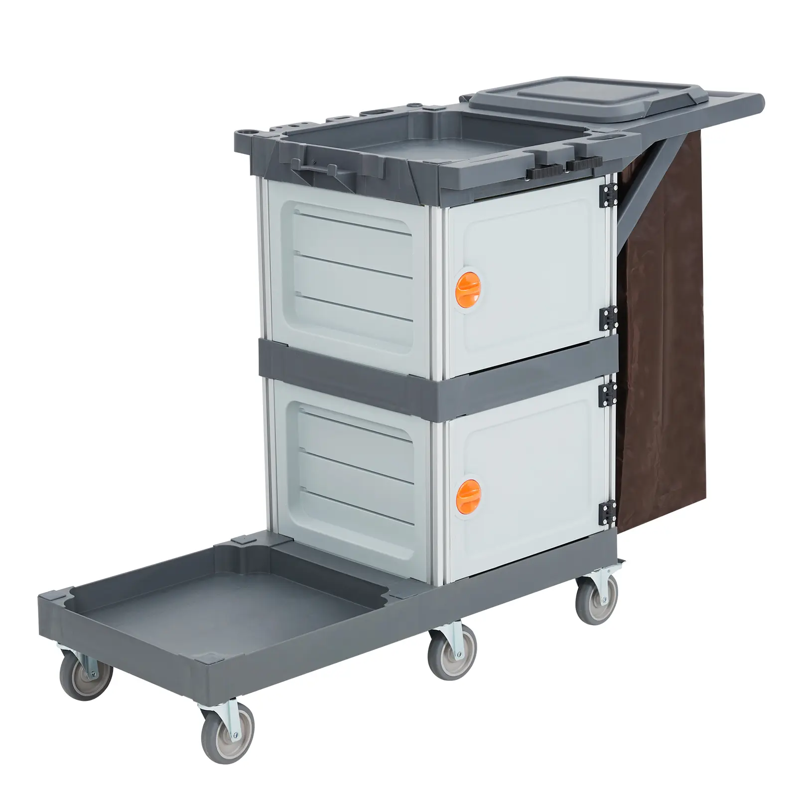 [Football Fan SeasonDeal] Heavy Duty Janitorial Cleaning Cart with 2 Cabinets – Rolling Utility Trolley with Oxford Bag, Open Shelves, Hooks – Commercial Cleaning Equipment for Schools, Offices, Hotels, Apartments