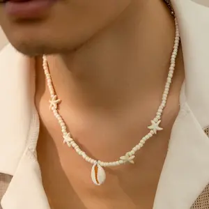 Men's Beach Shell Starfish Rice Bead Necklace Niche High-end Hip-hop Collarbone Chain for Men