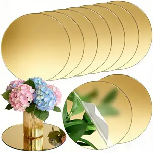 7pc, 25cm golden circular acrylic tray set, acrylic mirror tray, candle tray, suitable for wedding table decoration, birthday party decoration, photo props, with anti slip pad