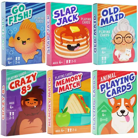 LotFancy 6 in 1 Kids Card Game Set - Go Fish, Old Maid, Crazy Eights, Memory Match, Slap Jack, Animal Playing Cards - Educational and Fun
