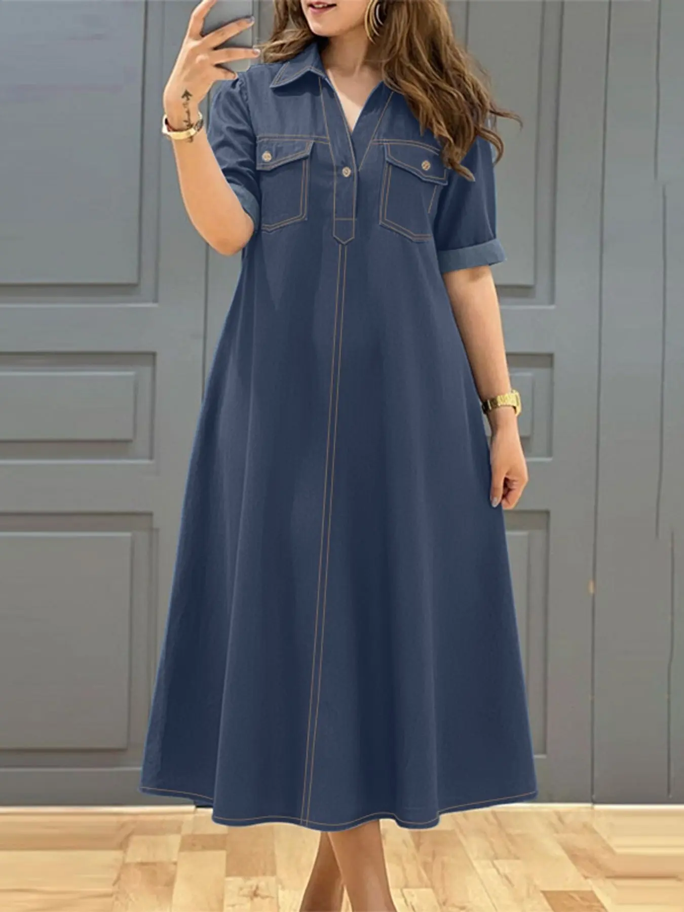 ZANZEA Women's Solid Color Basic Casual Dress, Casual Fashion Clothing, Half Button Front, Denim Lapel, Reversible Sleeve Ends, Pockets, Contrast Stitching, Suitable for Daily Commuting, Casual Wear, Womenswear