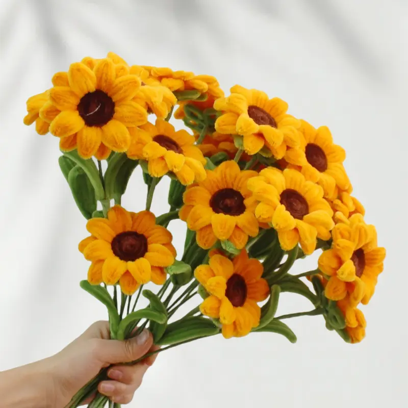 Golden Sunflower Green Leaves Pipe Cleaners Craft Kit - Casual Daily DIY Chenille Stems (Flower Stems Length: 30 cm), Auspicious Bouquet Decor Supplies for Home Wedding, Easy Handmade Art Kits for Beginners