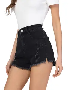 YESFASHION High Waisted Shorts Women Denim Shorts Casual Summer Ripped Stretchy Jeans Shorts Frayed Raw Hem Denim Shorts