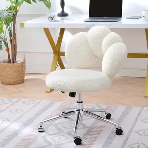 Cute Vanity Chairs with Backs & Wheels, Swivel Rolling Makeup Vanity Chair with Adjustable Height, Sherpa Desk Chair for Living Room Bedroom Makeup Room Office, Boucle (White)