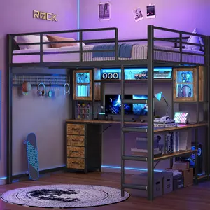 ADORNEVE Full Size Gaming Loft Bed with Desk & Hutch, Storage Drawers, Safety Power Outlet, Metal Loft Bed Frame with RGB Lights, Space Saving Gamer Loft for Teens, Guardrail & Ladder
