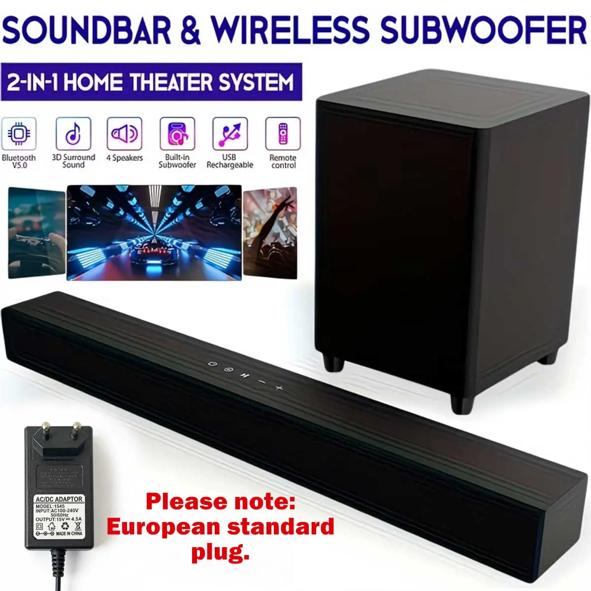 60W Bluetooth Soundbar for Smart TV, with Subwoofer, Surround System for Home Theater, Deep Bass, with BT/AUX/USB/Mic Input, for PC/Gaming/Projector Home Theater