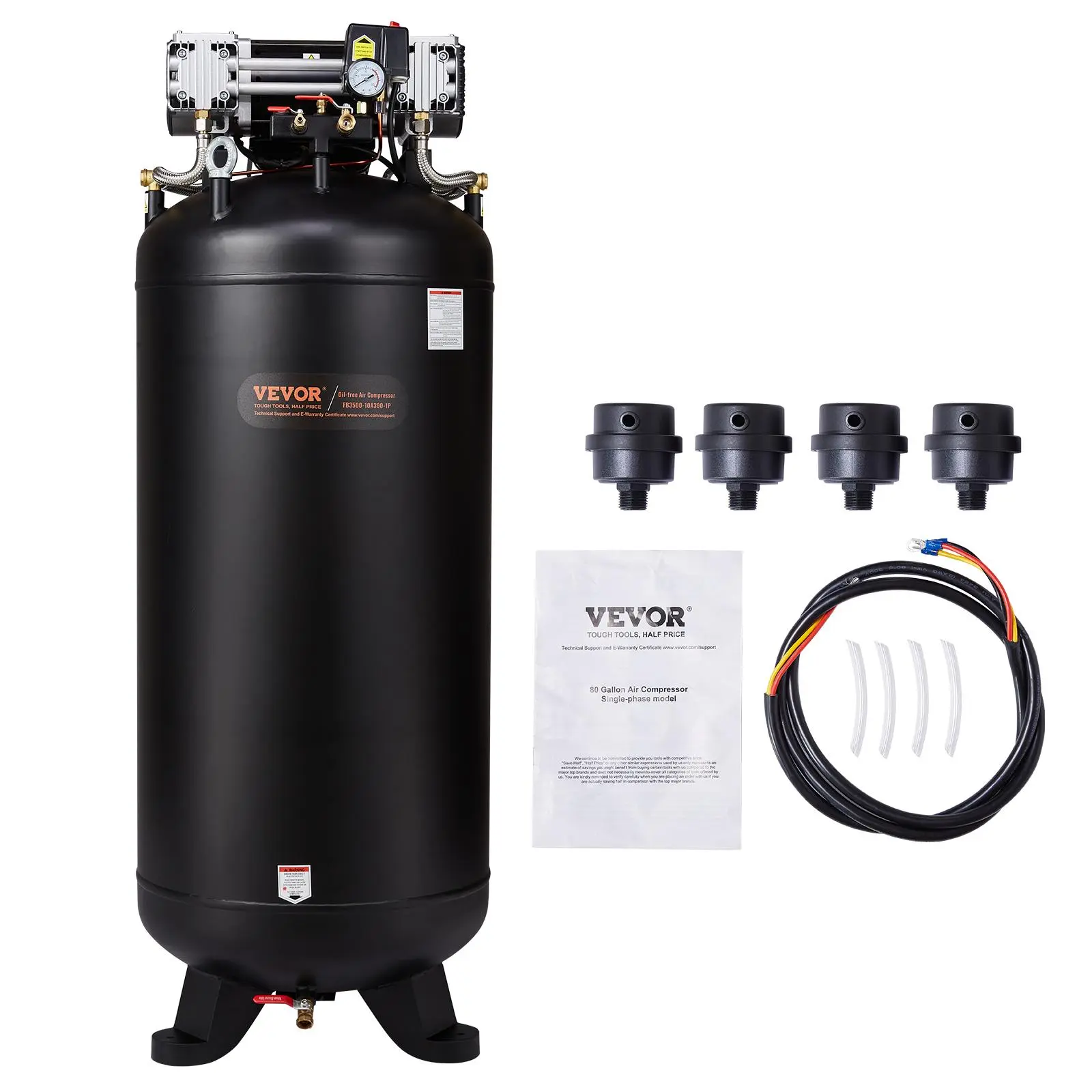 【Summerfinds】VEVOR 80 Gallon Air Compressor6.5HP 15.5SCFM@90 PSI145PSI Oil Free Stationary Air Compressor Tank86dB Ultra Quiet Compressor for Industrial ManufacturingConstruction SitesAuto Repair
