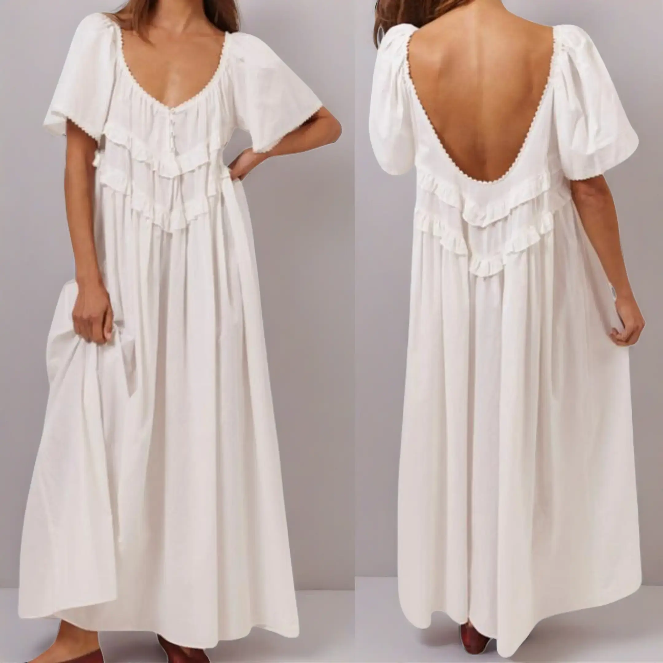 Women's White Cotton Maxi Dress, Flowy Short Sleeve U-Neck Ruffle Tiered Casual Long Dress for Summer Beach Vacation Loose