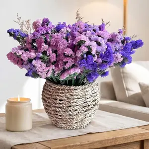 Preserved Forget Me Not &  Dried  Statice  with Rattan Basket, Rustic Farmhouse Bouquet, Long Lasting Floral Centerpiece for Dining Table  Decor Living Room