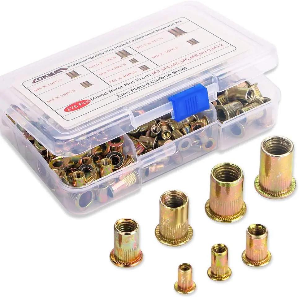 175 count Metric Rivet Nut Kit Carbon Steel Flat  Threaded Insert Nut Assorted in M3 M4 M5 M6 M8 M10 M12, Knurled  (Rivet Nut Kit 1)