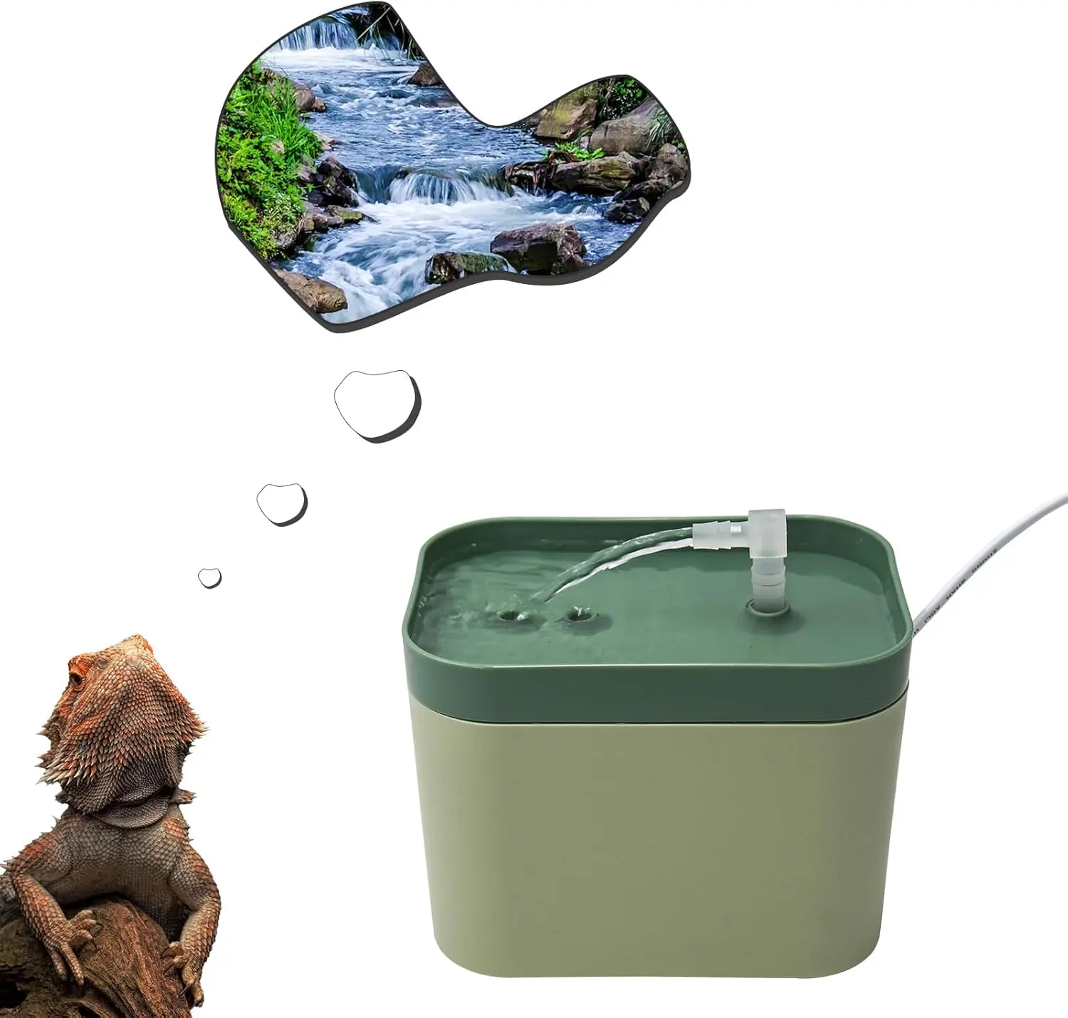 Reptile Water Bowl with Filtration System - Lizard Waterfall Drinking Fountain, Bearded Dragon Tank Accessory for Snakes & Reptile Habitats, Habitat Waterfall