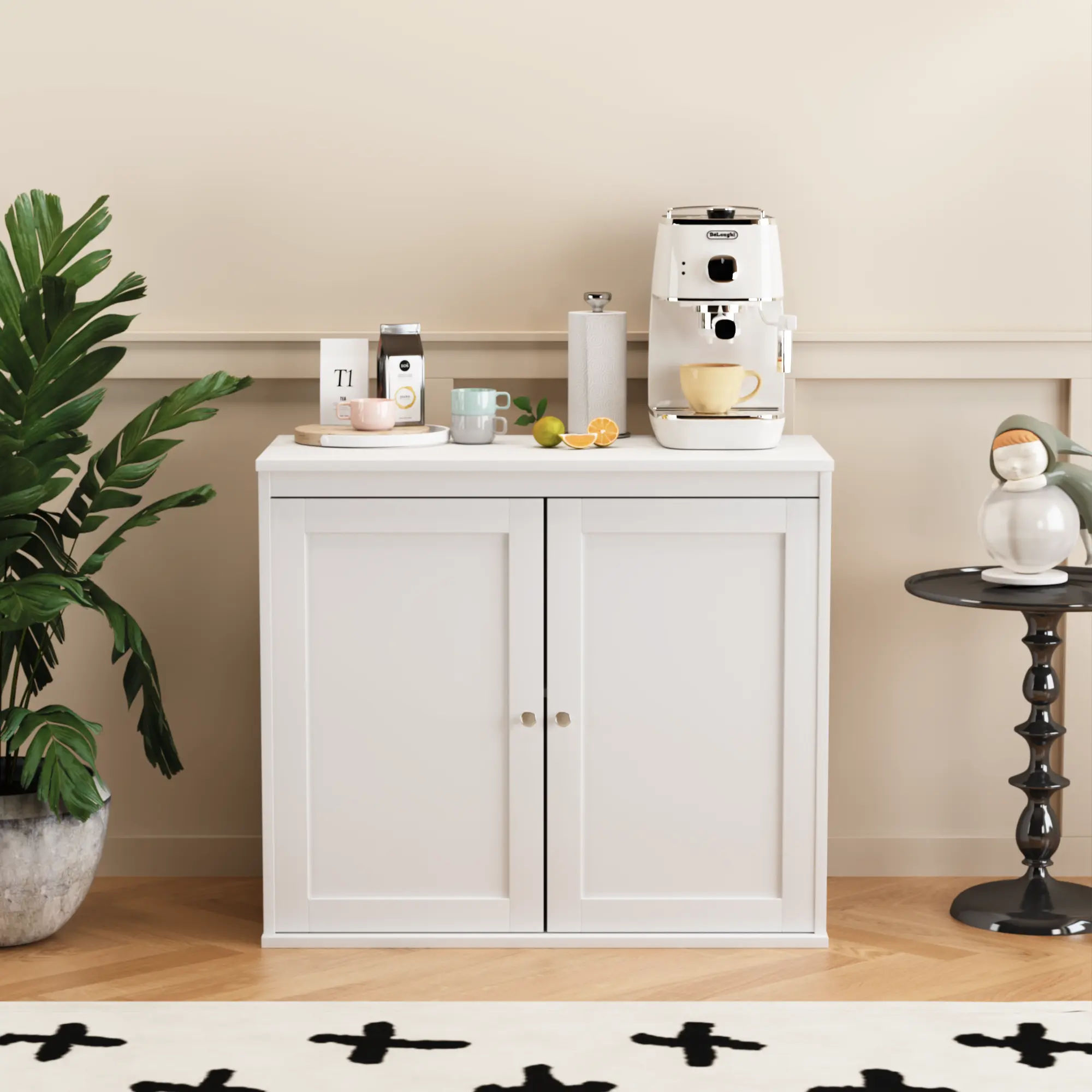 29.53" Coffee Bar Cabinet with 2 Doors, White Kitchen Storage Cabinet with 2-Tier Shelves, Small Sideboard Buffet Cabinet for Dining Room & Living Room