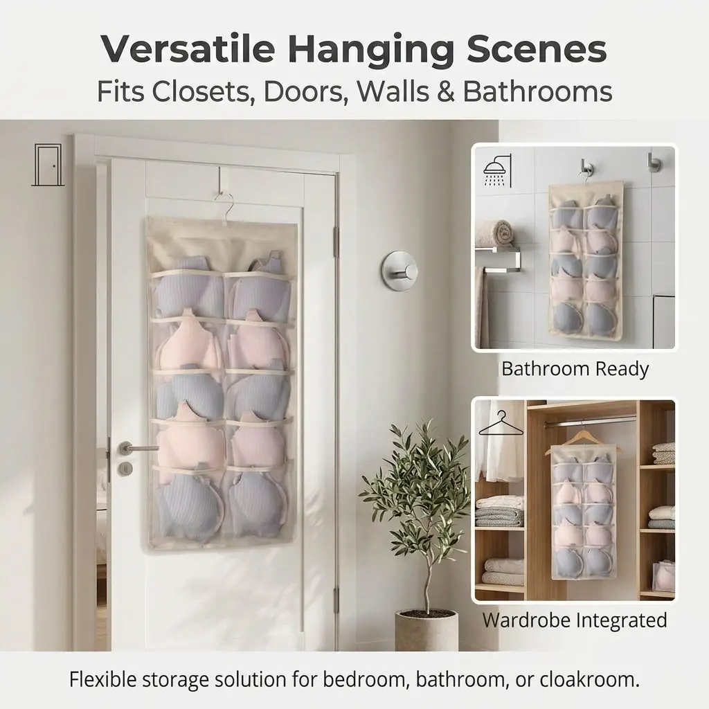 Bra and Underwear Closet Hanging Organizer with 5+10 Pockets Beige Dual Sided Wall Shelf Wardrobe Storage Bags for Bra Socks Underwear Underpants Lightweight & Durable Mesh Pockets