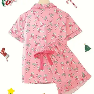 Fall 2024 new Christmas cane Candy Pocket Pajamas ruffled , Christmas slumber party christmas pajamas lady sleepwear Loungewear Medium Knitted Cute