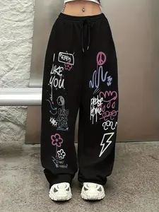 Women's Casual Loose Fit Long Pants, Fun Graffiti Letter Print, Daily Wear, Versatile Fashion, Suitable for Home and Outdoor