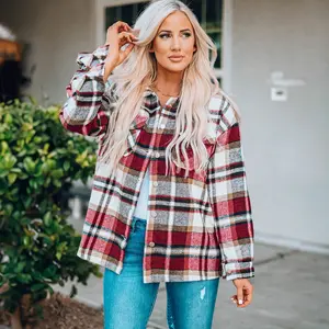 Fiery Red Geometric Plaid Print Pocketed Shacket-Warm Autumn Plaid Flannel Shirt, Casual Style