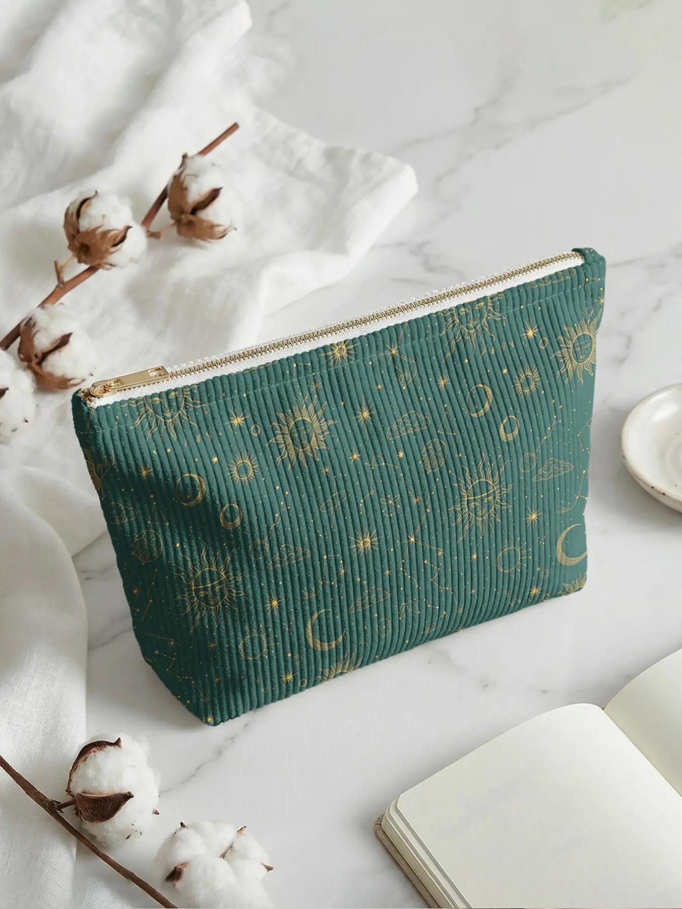 Moon Printed Corduroy Makeup Bag, Cosmetic Travel Bags, Cartoon Style, Cute Lightweight Multi-Functional Fashion Casual Cosmetic Pouch, Travel Organizer