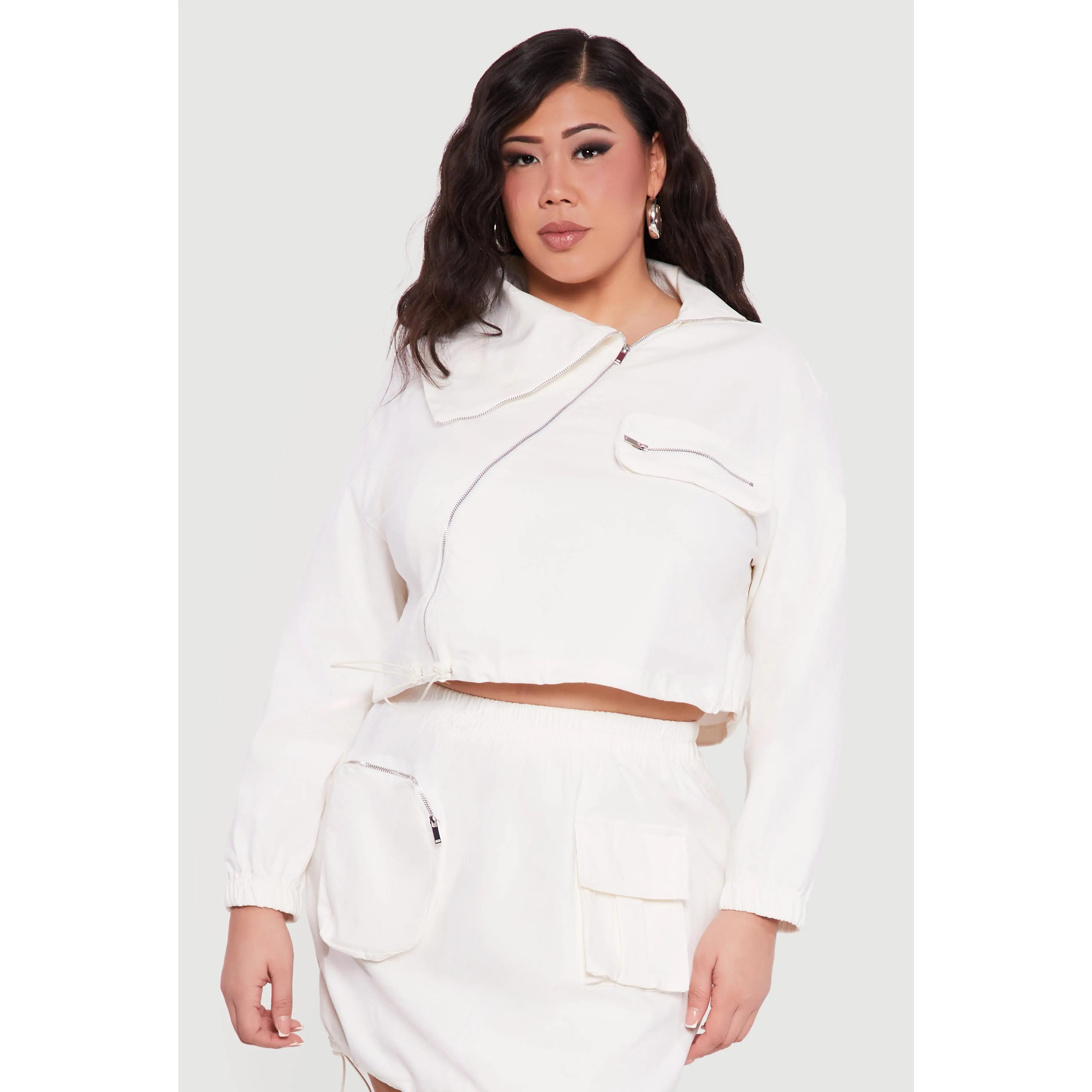 Plus Size Hunter Camo Zip Front Drawstring Hem Jacket