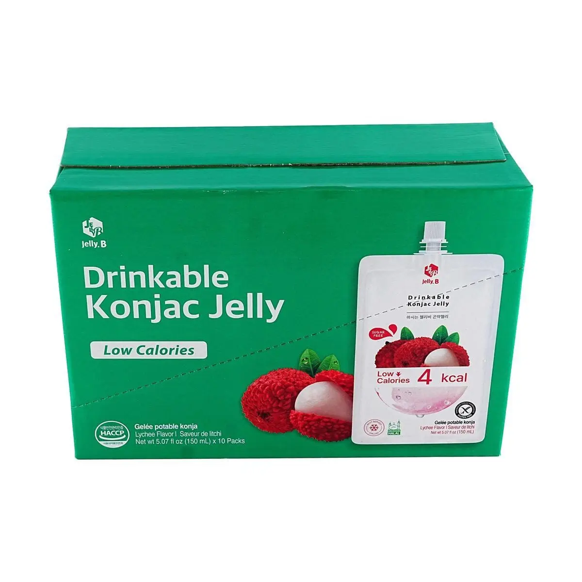 Jelly.B Korean Konjac Jelly Drink - Lychee Flavor, 0 Fat, Low Calorie, Sugar-Free, 150ml x 10 Packs, Diet Snack, Keto Friendly