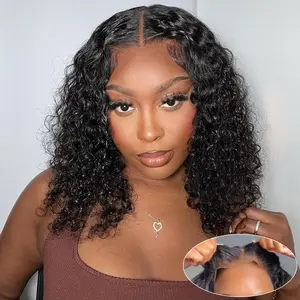 Deep Wave Bob Wigs Human Hair Wear and Go Glueless Bob Wig Human Hair Pre Plucked Pre Cut 5x5 HD Lace Closure Wigs for Black Women Deep Wave Lace Front Short Curly Wigs 180 Density Natural Black