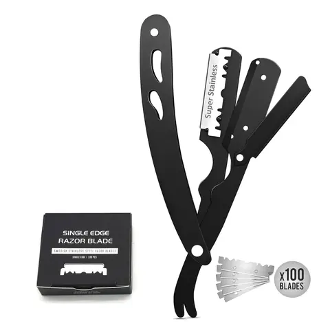 Men's Professional Straight Blade Razor - Barber Equipment with Blade Handle, 100 Razorblades, Manual Open Face Hair Shaving Tool for Adults' Facial Care, Daily Grooming Gift