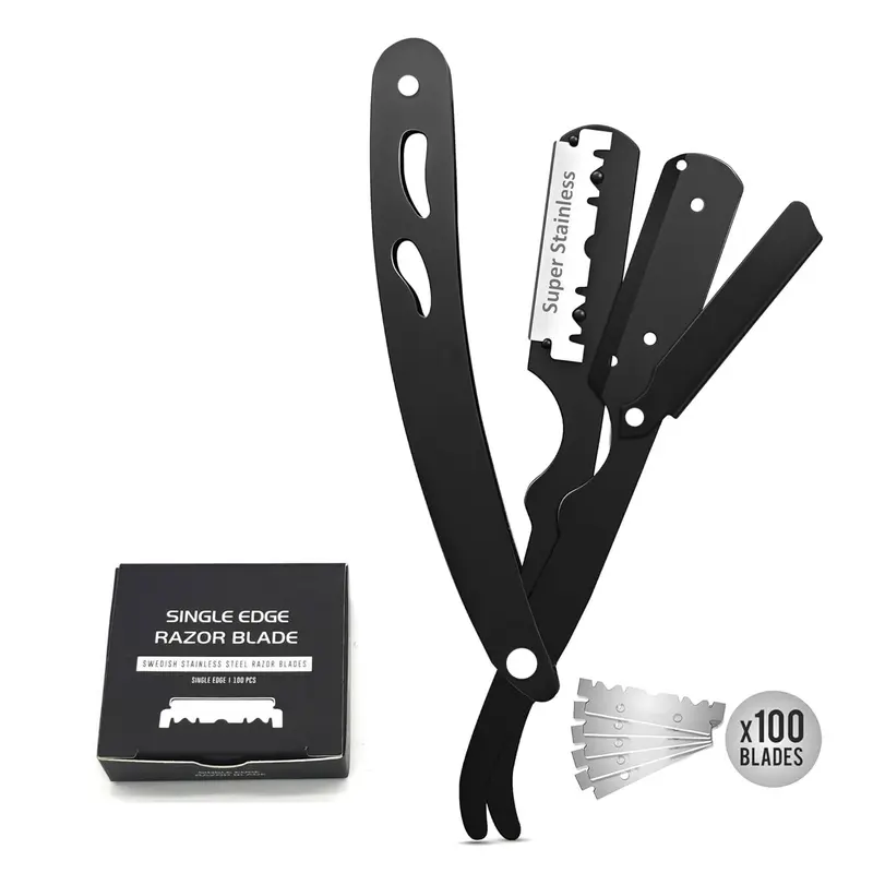 Men's Professional Straight Blade Razor - Barber Equipment with Blade Handle, 100 Razorblades, Manual Open Face Hair Shaving Tool for Adults' Facial Care, Daily Grooming Gift