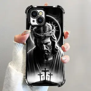 Suitable for [iPhone 15 Plus] Jesus transparent protective four-corner air cushion anti-fall mobile phone case transparent mobile phone case four-corner protective case 995