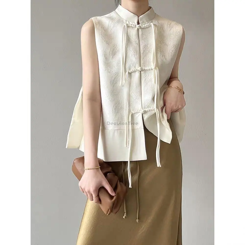 2025 spring new chinese new style plate buckle waistcoat jacket jacquard stand collar sleeveless retro women cheongsam waistcoat Womenswear Tops