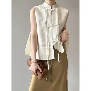 2025 spring new chinese new style plate buckle waistcoat jacket jacquard stand collar sleeveless retro women cheongsam waistcoat Womenswear Tops