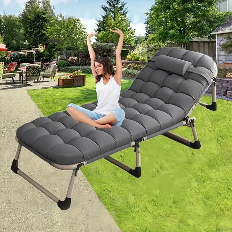 Adults' Armless 5-Reclining-Position Collapsible Fold-Down Space-Saving Sunlounger Cot with Included Pillow, Heavy-Duty 550 lbs Capacity Metal & Fabric, Lightweight Outdoor Camping/Home Office Nap Furniture, Stable