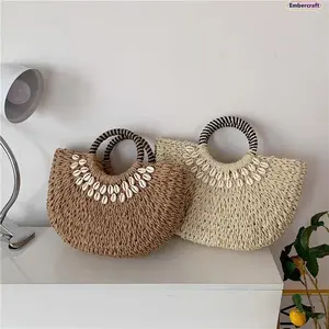 Retro Shell Straw Beach Bag for Women, Woven Summer Tote Bag, Lightweight Half Moon Vacation Handbag, Stylish Beach Bag for Travel, Resort, Holiday & Summer Outfit Style